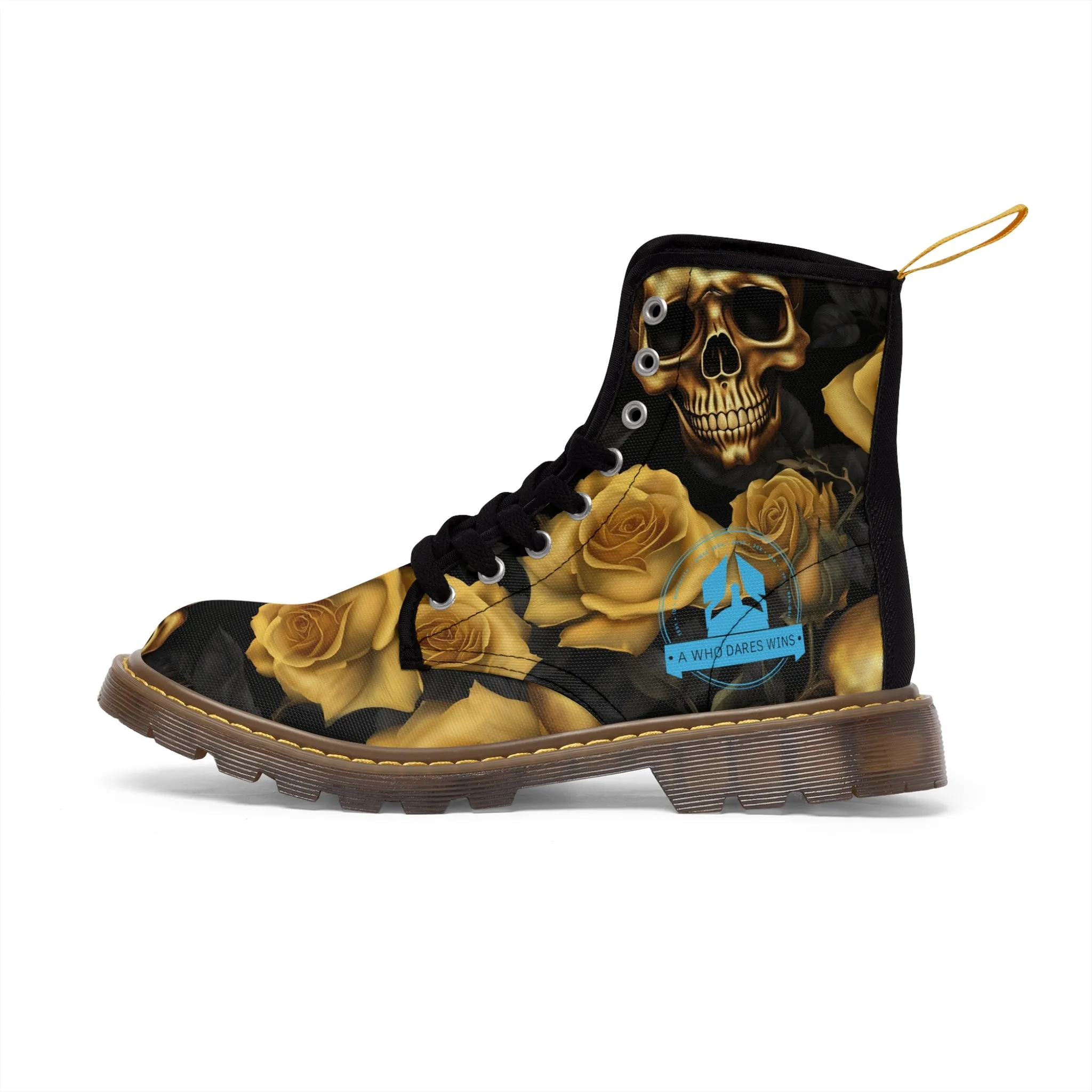 A1 Who Dares Wins No 2 Gothic Skulls and Gold Roses Canvas Boots AOP