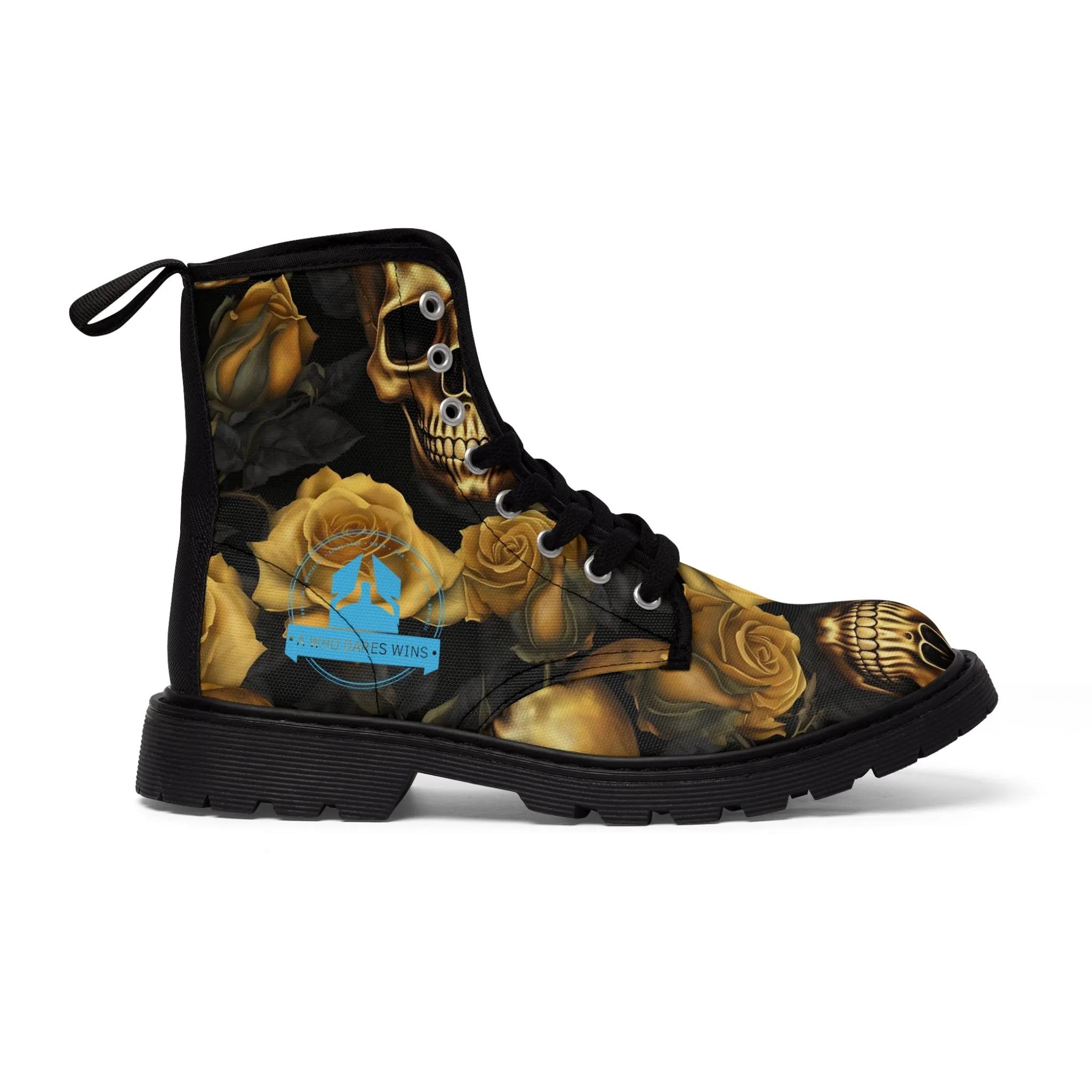 A1 Who Dares Wins No 2 Gothic Skulls and Gold Roses Canvas Boots AOP