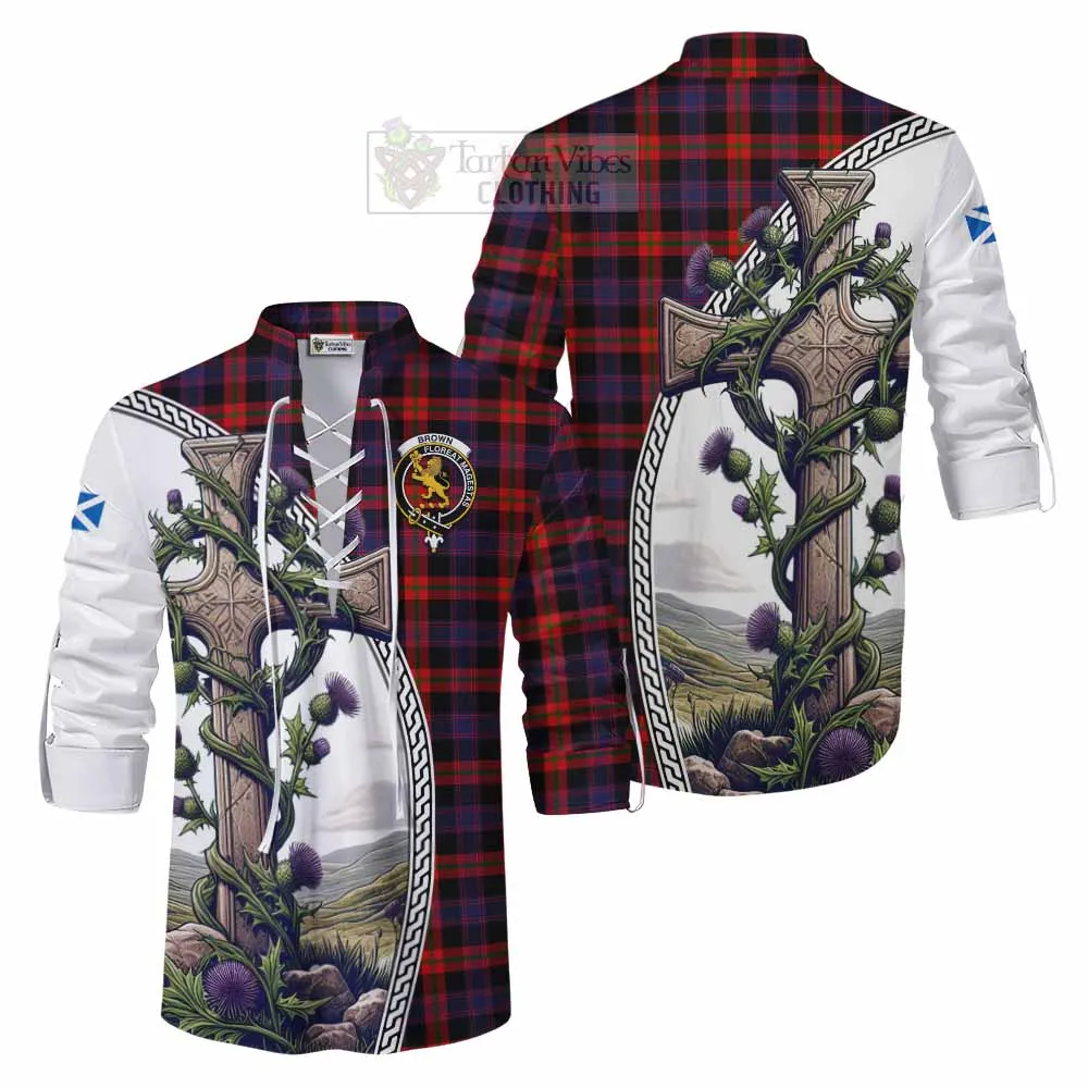 Brown (Broun) Tartan Ghillie Kilt Shirt with Family Crest and St. Andrew's Cross Accented by Thistle Vines