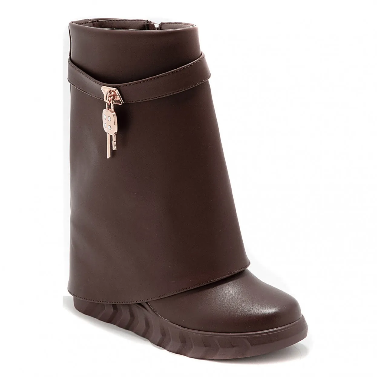 BRYONY CHOCOLATE BROWN WEDGE OVERLAP ANKLE BOOTS