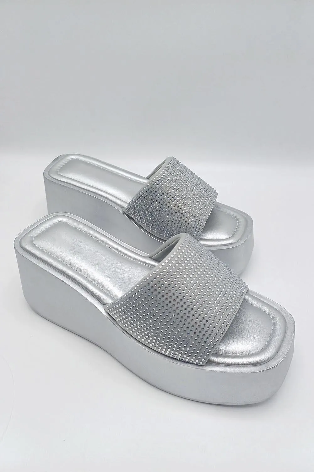 Tahiti Diamante Embellished Strap Wedge Mules in Silver